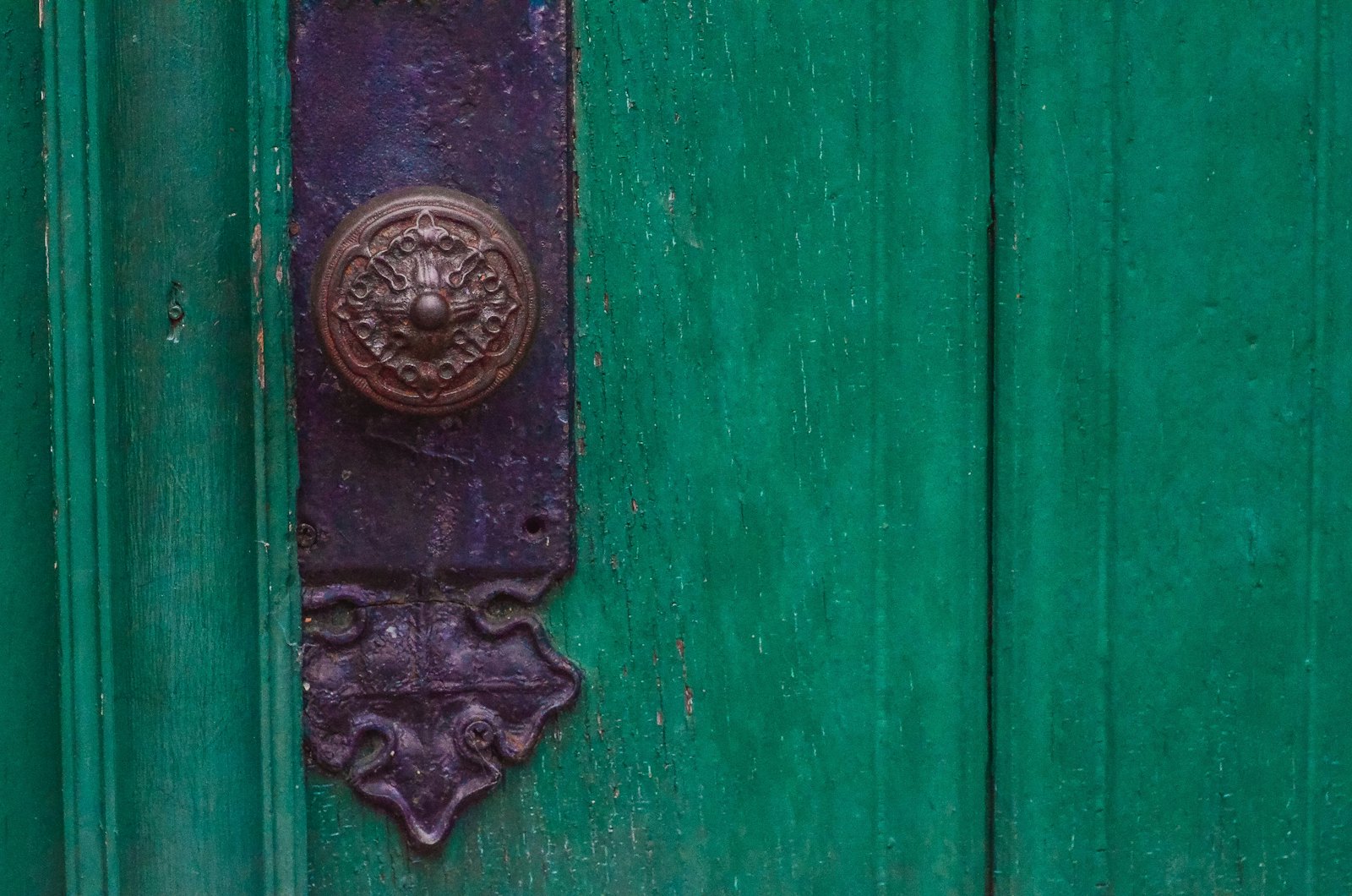 Close-up of a brass door knob on a painted wooden door